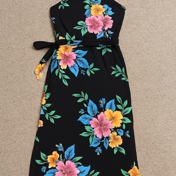 Lauren Ralph Lauren Floral Halter Midi Dress Wedding Guest Black Size 14 - Picture 3 of 5